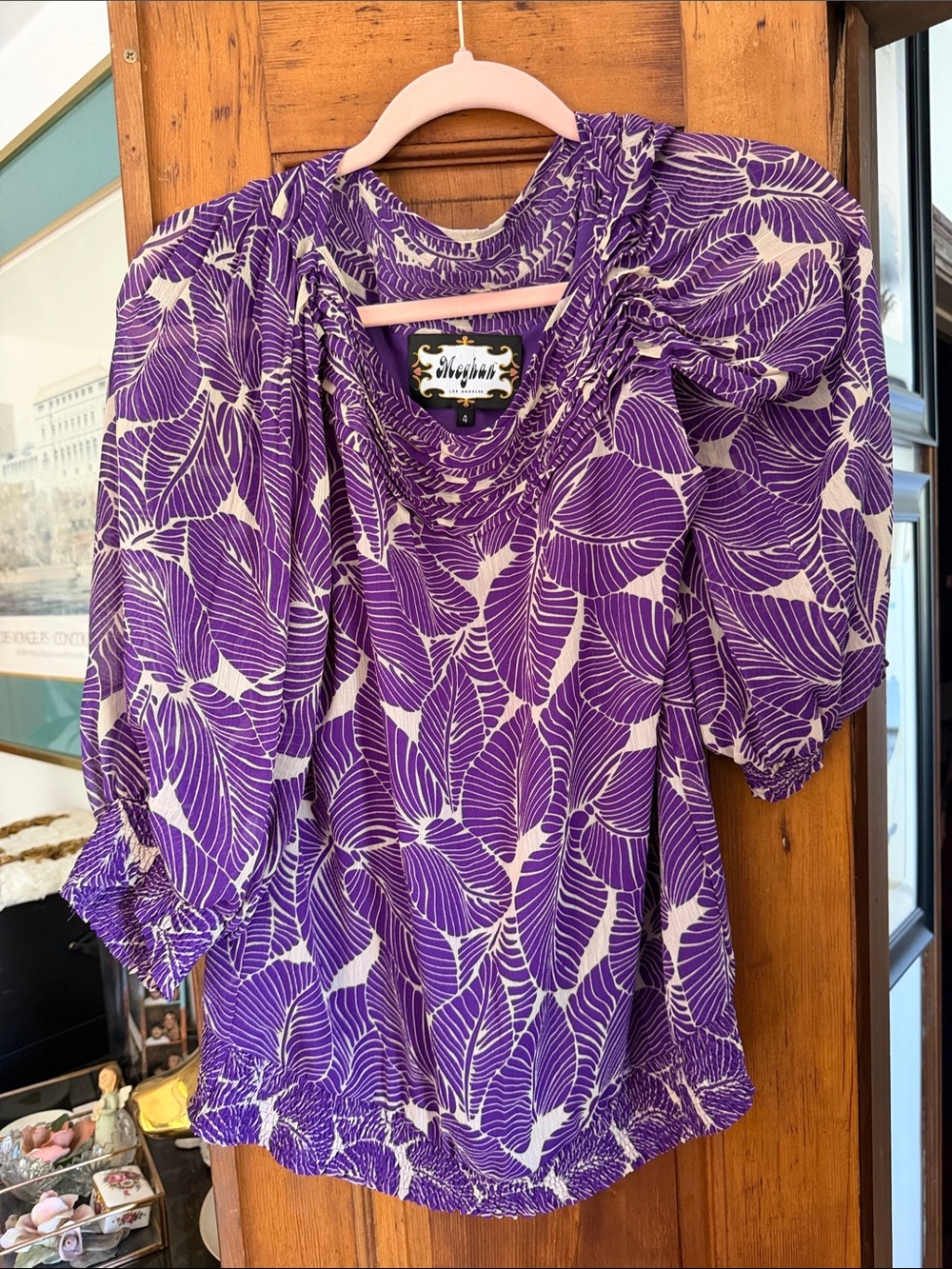 Meghan LA Purple and Cream Leaf-Print Puff-Sleeve Blouse